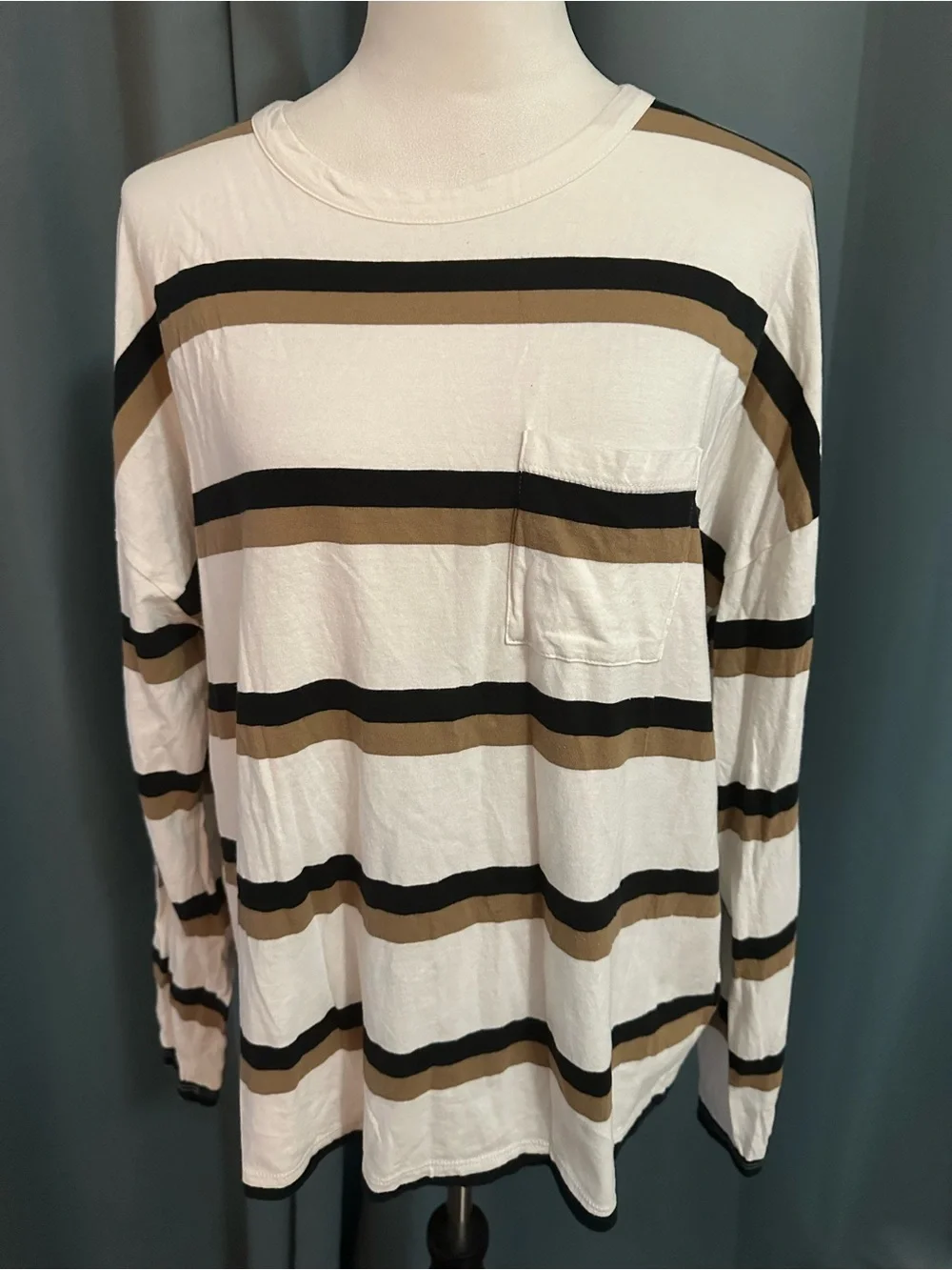 J.Crew Re-Imagined Women’s XL Striped Long Sleeve Pocket Tee White Black Tan